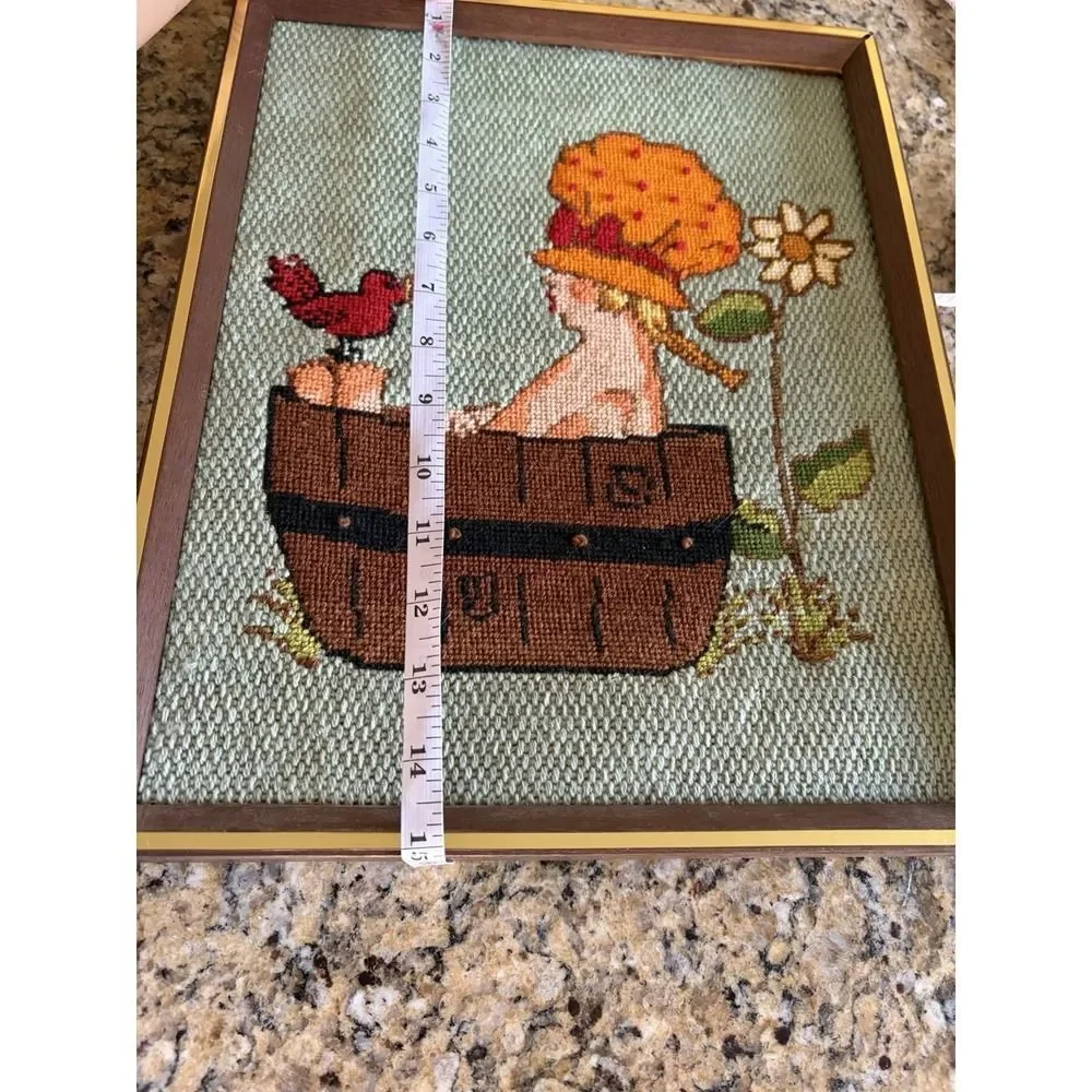 Vintage Needlepoint Finished Framed Saturday Night Bath Girl Birth Bath